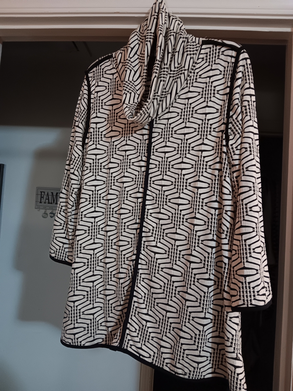Multiples Black and White Geometric Cowl Neck Tunic Top